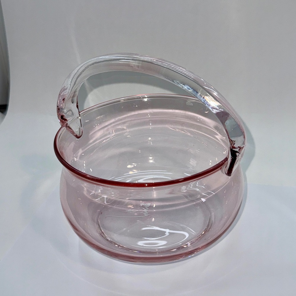 Blush Pink Hand Blown Crystal Glass Basket Vase, Tea Serving Bowl, Cottagecore - Picture 9 of 14